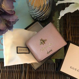 💗 GUCCI Animalier Blind for Love Pink Leather Bee Wallet Card Case 💗